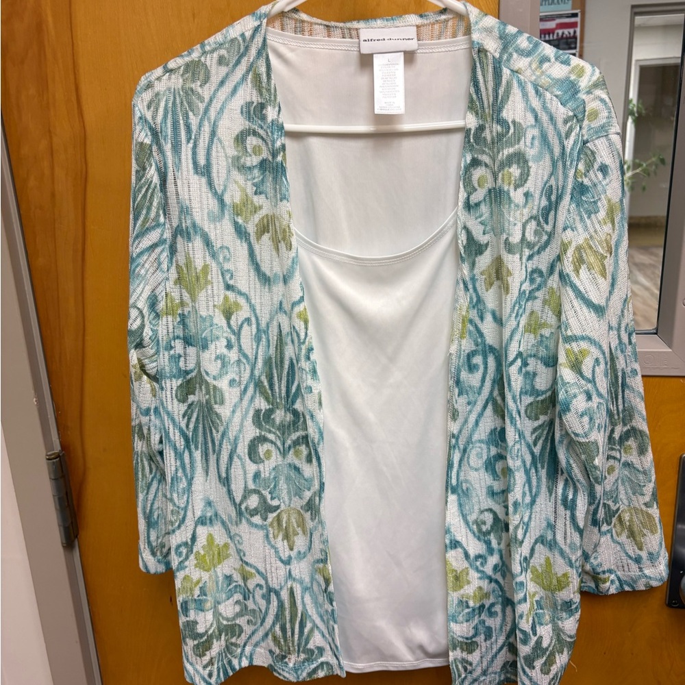 Alfred Dunner Cream Open-Front Blouse with Teal & Olive Accents